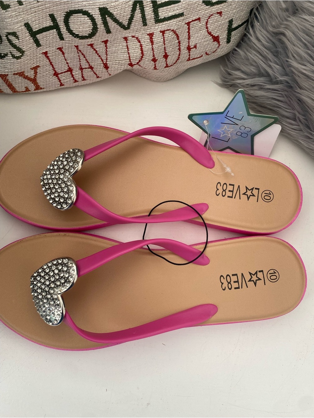 Pink Rhinestone Heart Toe-Post Sandals by